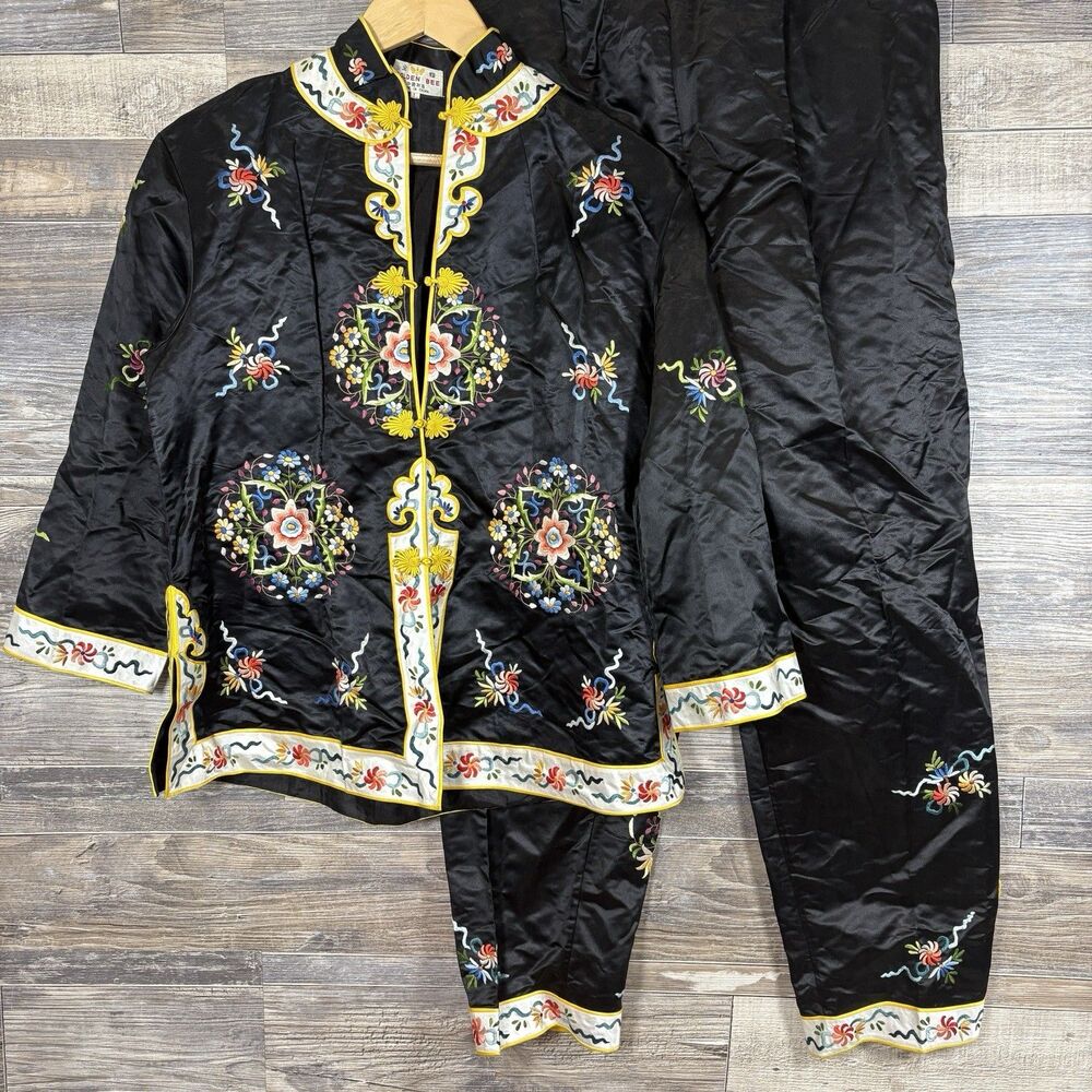 Vintage Golden Bee Silk Pajama Set Women’s Chinese Kimono Size Large